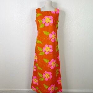Vintage Diamond Head Sportswear Orange Floral Hawaiian Maxi Dress